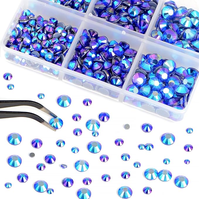 Bymitel Hotfix Crystal Rhinestones Round Gems for Crafts,Mixed 6 Sizes with Wax Pencil Kit, Sapphire AB 1.6-6.3mm SS4-SS30/8000pcs