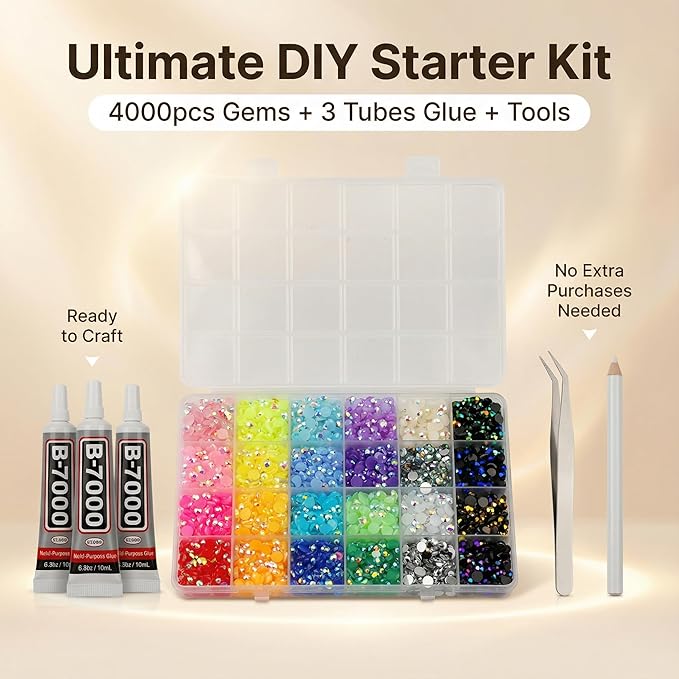 4000Pcs Rhinestones for Bedazzling, 6mm Bedazzler Kit with Flatback Rhinestones for Clothes Crafting Crafts Nails Clothing, Flat Back Resin Rainbow Colorful Colored Crystal with B 7000 Glue Clear