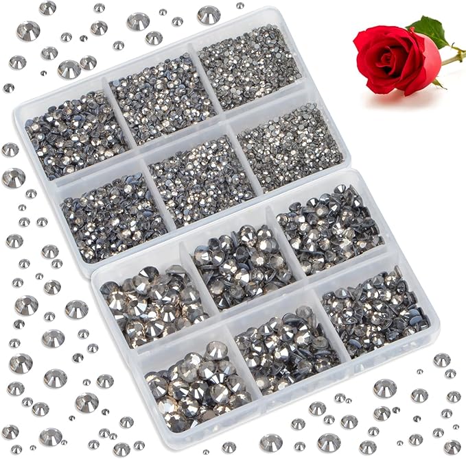 Bymitel Hotfix Crystal Rhinestones Round Gems for Crafts,Mixed 6 Sizes with Wax Pencil Kit, Black Diamond 1.6-6.3mm SS4-SS30/8000pcs