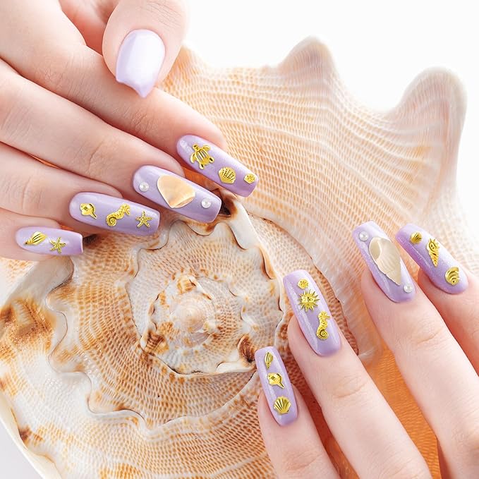2 Disc Ocean Nail Art Charms, 3D Alloy Nail Art Decals, Beach Starfish Seashell Handmade Supplies for Women DIY Craft Jewelry Manicure Embellishments- Gold & White