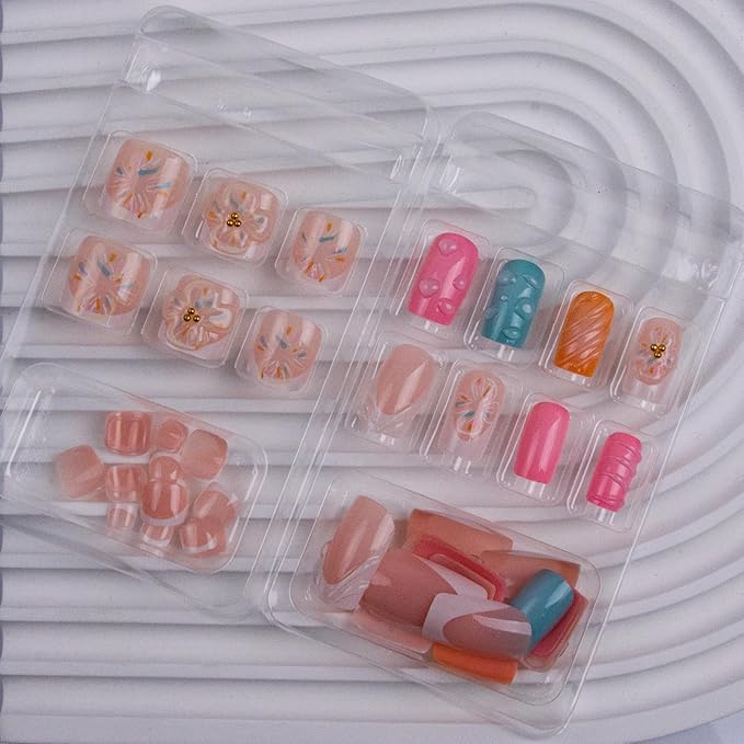 48Pcs Press on Nails Square & Press on Toenails Set, Flowers Fake Nails French Press on Toe Nails Full Cover Stick on Toe Nails Short Acrylic Nails Kit for Women Manicure