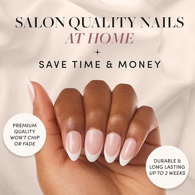 Glamnetic Press-On Nails & Brush-On Nail Glue | Ma Damn White French Tips, Short Almond Shape