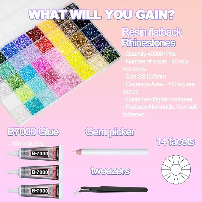 40000+Pcs Resin Jelly Rhinestones for Bedazzling, 3mm Multicolor Flat Back Gems Bedazzler Kit with 3Pcs 10ml B7000 Jewelry Glue, Colorful Bulk Jewels for Book Shoes Crafts Tumblers Nail Art DIY