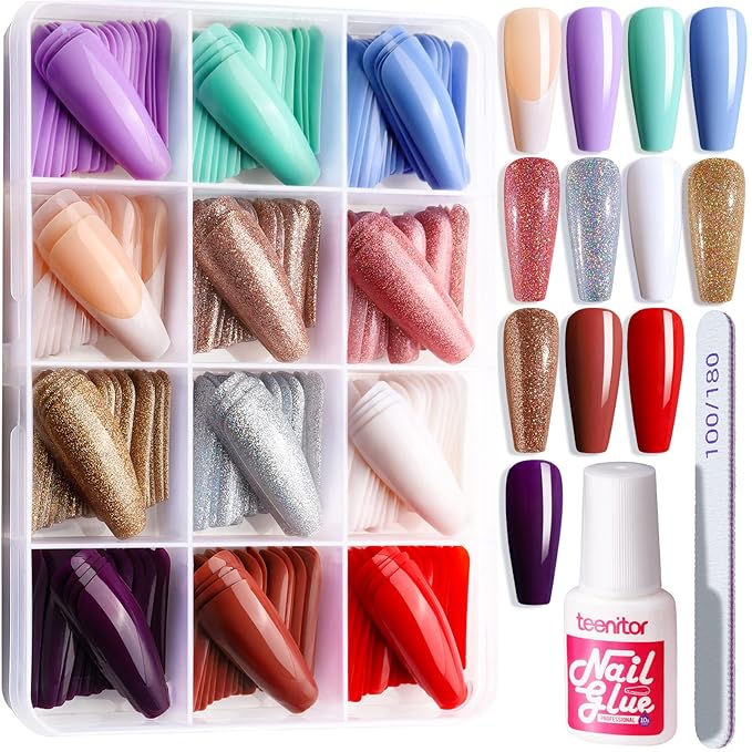 Teenitor Long Coffin Press On Nails, Full Cover Color Coffin Nail Tips, 288pcs Long Ballerina False Nails, 12 Colors Glue On Nails Long Coffin, Glitter Press On False Nails