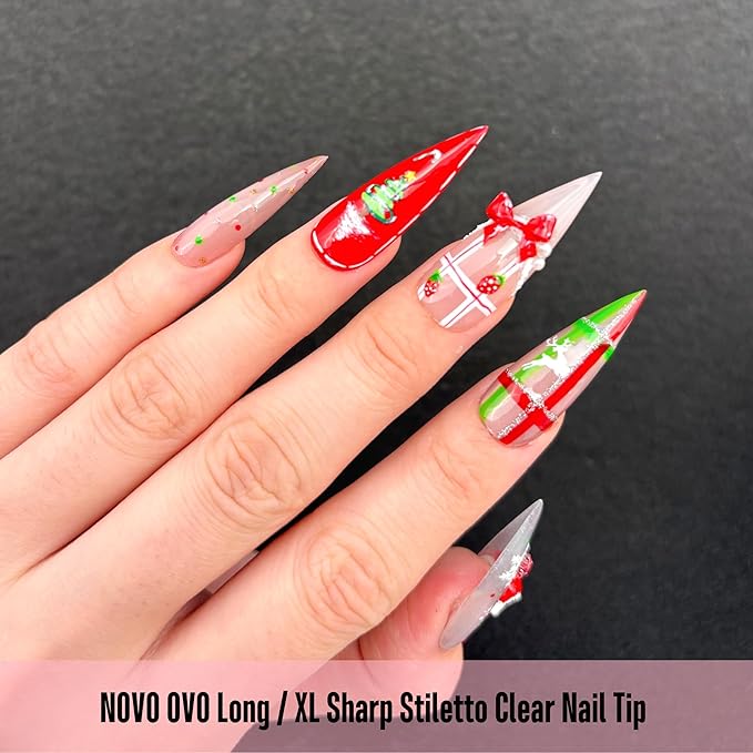 NOVO OVO Long XL Sharp Stiletto Pointed Nail Tips Press on, Extra Long Thick Soft Gel Double Matte Clear Fake Nail Extension, Full Cover False Nails for Acrylic, for Salon DIY x 16 Sizes 480 pcs