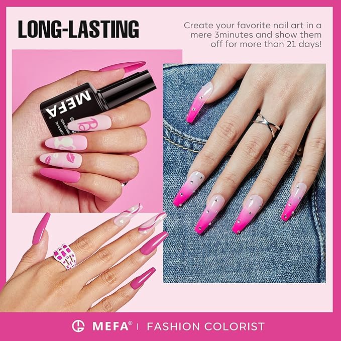 MEFA Pink Gel Nail Polish Set 6 Colors, Hot Pink Shades Spring Neon Light Bright Magenta Electric Tones Craze Nail Art Design Salon at Home DIY Manicure Kit Valentines Gifts for Women