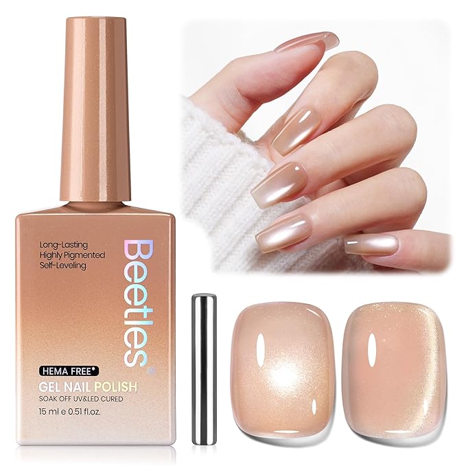 Beetles Buttercream Dream Nude Cat Eye Gel Nail Polish - 15ML Nude Gel Polish Cat Eye Base Color Glitter Magnetic Translucent Glassy Effect Soak Off UV French Nail Art DIY Manicure Gifts for Wome