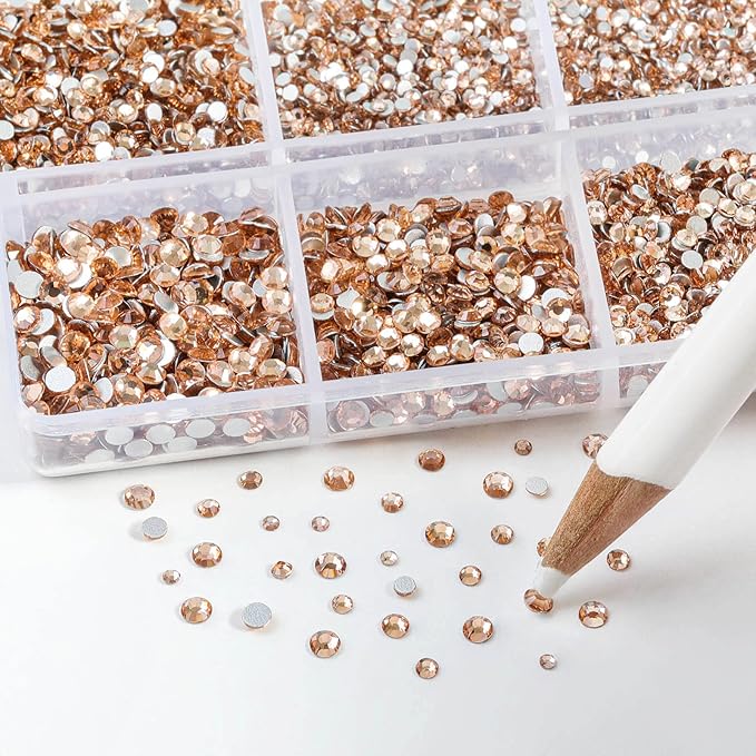 Beadsland 7200pcs Flatback Rhinestones,Champagne Rhinestone Nail Gems Round Crystal Rhinestones for Crafts,Mixed 6 Sizes with Wax Pencil Kit, SS3-SS10,Light Peach