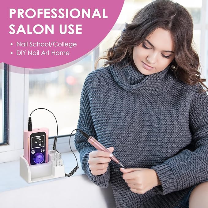Electric Nail Drill 45000 RPM, Professional Rechargeable Nail File Kit, Portable Nail Drill Machine, Acrylic Nail Kit, Touch Screen Control, for Any Manicure, Pedicure, Pink