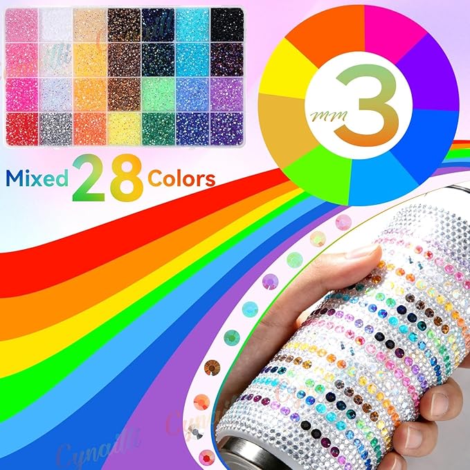 32000Pcs 3MM Colors Flatback Rhinestones for Bedazzling, Mix Sizes Jelly Resin Crystal Rhinestones Gems, Colorful Gems Bedazzling for Crafting DIY Face Makeup Crafts Tumblers