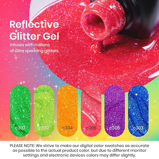 beetles Glitter Gel Nail Polish Set - Neon Carnival 6 Colors Reflective Glitter Gel Polish Set Pink Green Purple Blue Spring Bright Sparkly Gel Nails Soak Off Uv Led Salon Easter Gift for Women