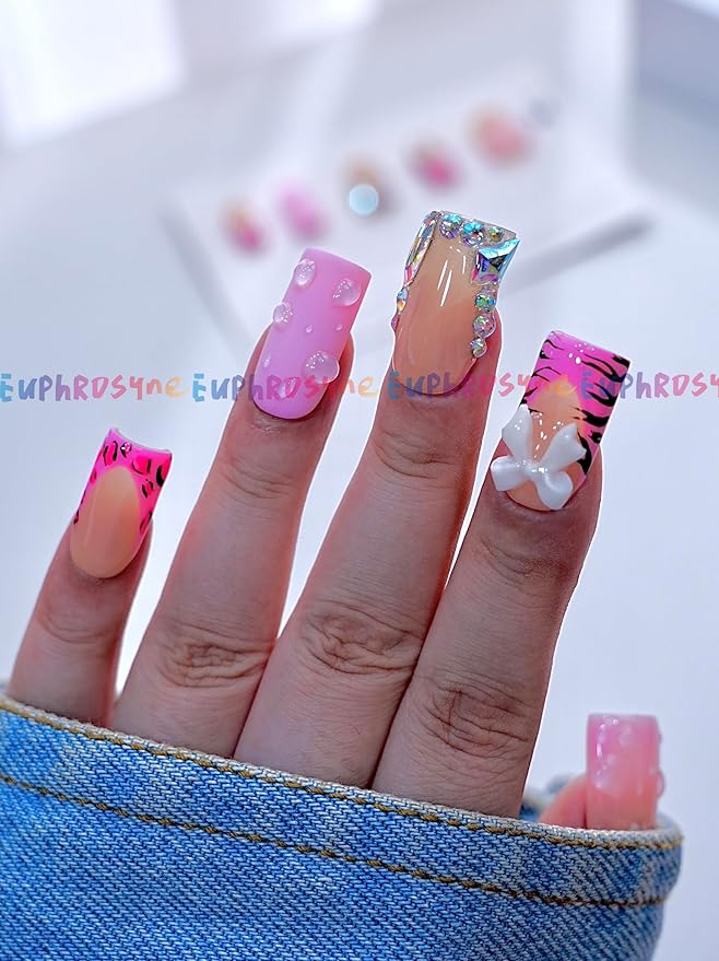 Y2K Press On Nails – 10pcs Pink Nude Ombre Fake Nails with Zebra Print, Leopard Design & Rhinestone Charms – Medium Square Cute Stick On Nails for Women and Teen Girls – Euphrosyne