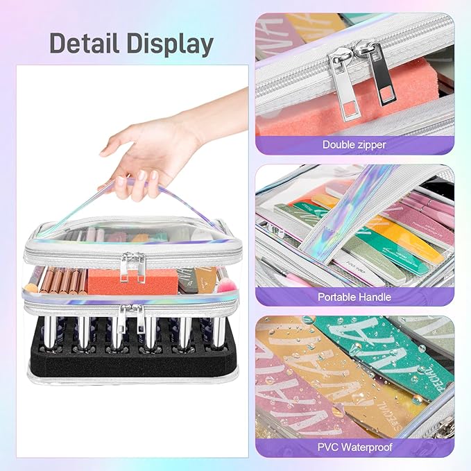 Beloving Nail Polish Organizer, Clear Double Tier Nail Storage Organizer Case Holds 30 Bottles, Portable PVC Nail Tech Bag with Dividers, Nail Polish Supplies Travel Case for Display