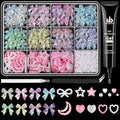 600 Pcs 3D Nail Charms and Flatback Pearls #10, 6 Colors Bow + Pink&White Star Heart Moon Cute Charms + 2-6mm White Pearls for Nail Art Design with Nail Charm Glue(UV Needed) and Pickup Tools