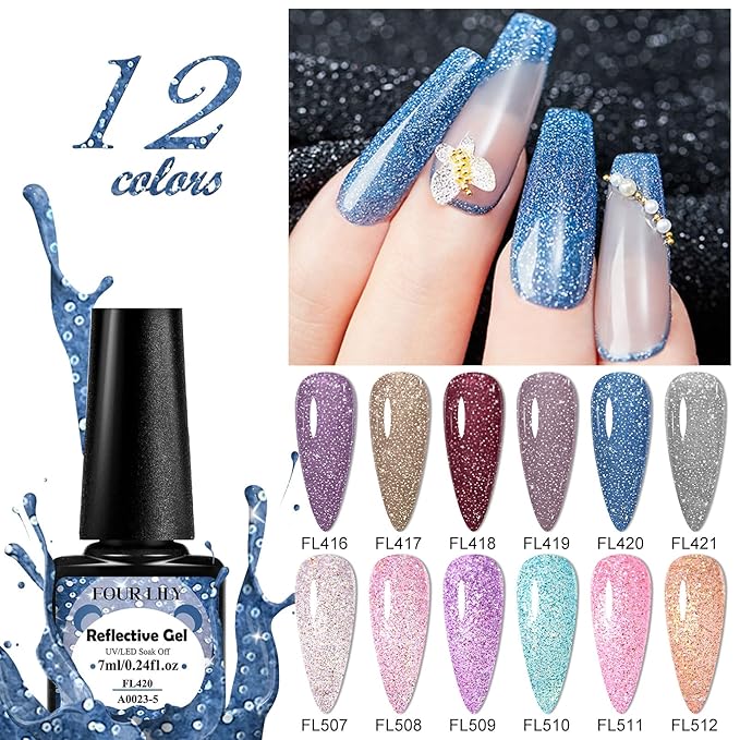Reflective Glitter Gel Polish Christmas Pink Purple Brown Glitter Sparkly Shiny Disco DJ LED Gel Nail Polish Nail Varnish 12PCS 7ML