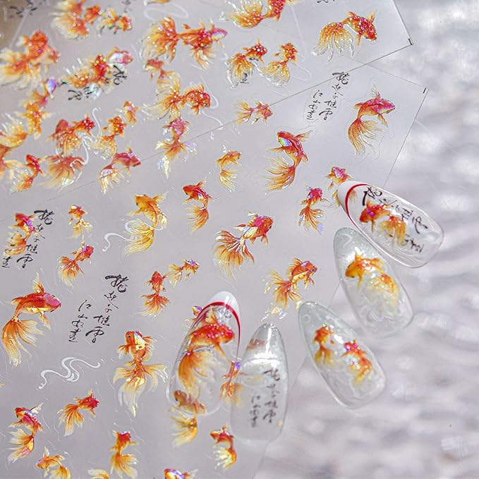 Goldfish Nail Stickers for Nail Art 5D Embossed Koi Fish Nail Art Stickers Koi Nail Decals Chinese Style Summer Nail Supplies Design for Women Girls DIY Nail Art Decorations
