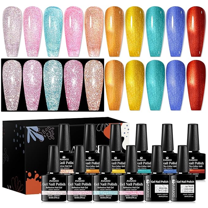 12Pcs Reflective Glitter Gel Nail Polish + Metallic Gel Nail Polish Set Gel Nail Art Manicure Kit 10 Colors
