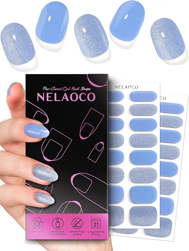 Nail Polish Strips – 32PCS UV Free Salon Quality Wraps, Long Lasting Gel Nail Stickers for Women (Glacial Blue Glitter)