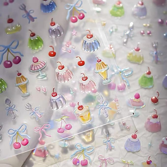 Dedyel Food Nail Art Stickers 3D Cake Dessert Donut Ice Cream Cookies Fruit Bread Self-Adhesive Nail Stickers for Women Girls Kids