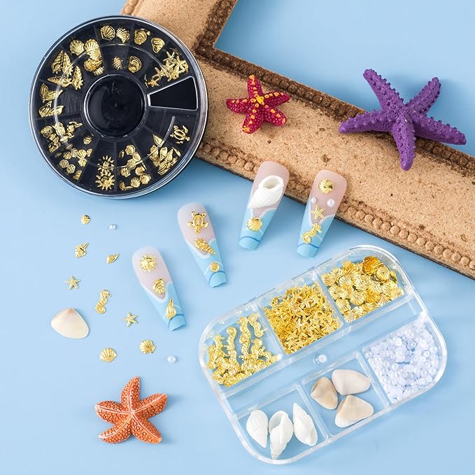2 Disc Ocean Nail Art Charms, 3D Alloy Nail Art Decals, Beach Starfish Seashell Handmade Supplies for Women DIY Craft Jewelry Manicure Embellishments- Gold & White
