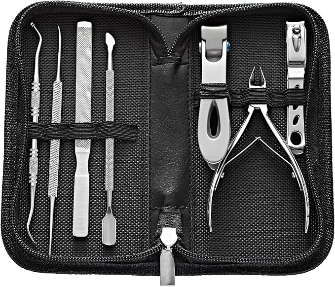 Ingrown Toenail Clippers for Seniors Thick Toenails, 7 Pcs Heavy Duty Large Pedicure Toe Nail Clipper Set with Wide Opening, Includes Nail Cutter, File, Lifter, Cuticle Pusher, Travel Case