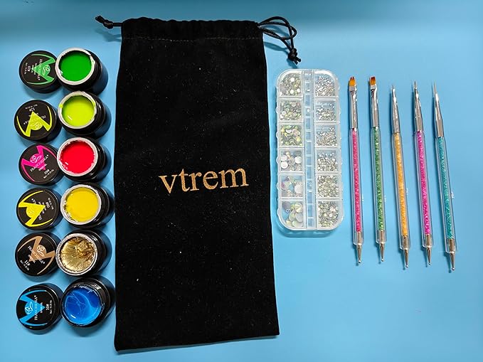 Vtrem 6 Colors 8ML Spider Gel Set with 5 PCs Double Ended Point Drill Drawing Brush Pen Nail Rhinestones Matrix Gel with Gel Paint Design Nail Art Kit Wire Drawing Blue Yellow Nail