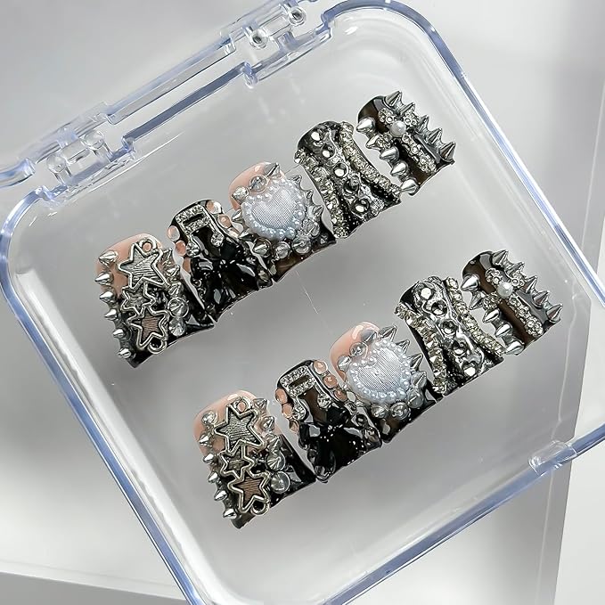 Luxury Press on Nails Short Duck Handmade 3D Unique Reusable ABS Material Fake Nails Black French Tip False Nails with Designs Stars Rhinestones Heart Glossy Glue on Nail Thick Acrylic Nail(M)