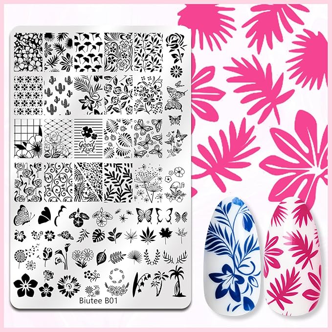 Biutee Nail Stamping Plate Nail Stamper Kit with Stamper & Scraper, Large Nail Art Stamping Plate French Line Lace Flower Leaves Animal Star Space Design DIY Nail Stamping Kit
