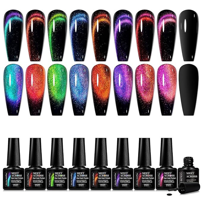 MEET ACROSS 12D Cat Eye Gel Nail Polish Set, Colorful Holographic Cat Eye Glitter Gel Polish Blue Purple Green Nail Gel Polish Kit with Base Top Coat and Magnet Soak Off Nail Art Gel DIY Salon Gift