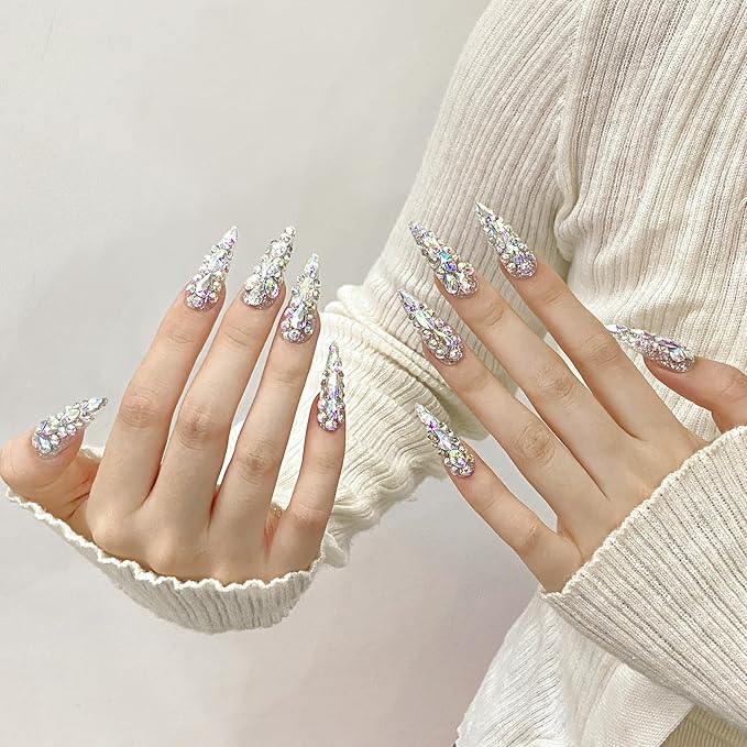 3D Handmade Long Stiletto Press on Nails Almond Acrylic Fake Nails Kit,Rhinestone Luxury glitter Design Nail Art Kit,Reusable False nails,Include Toolkit,10Pcs,Size S,#986