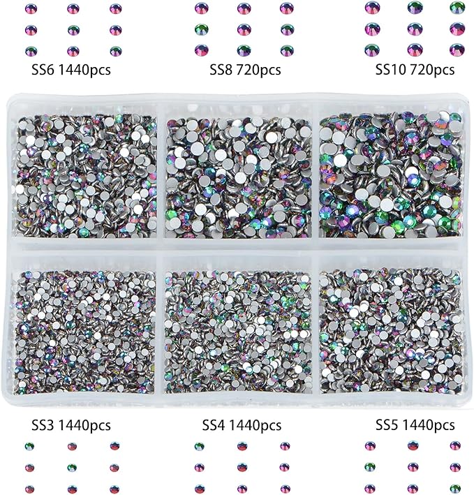 Bymitel 7200 Pieces 6 Mixed Sizes Glue Fix on Glass Rhinestones Round Crystal Gems Flatback for DIY Jewelry Making with one Picking Pen(6-Sizes 7200PCS, Green Volcanic)
