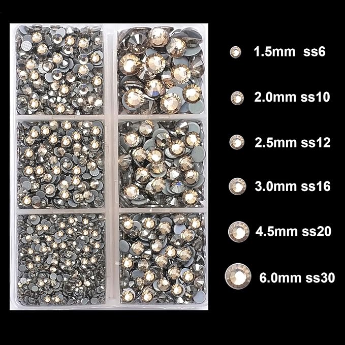 4000Pcs Mixed Size Hot Fix Round Crystals Gems Glass Stones Hotfix Flat Back Rhinestones (Black Diamond)