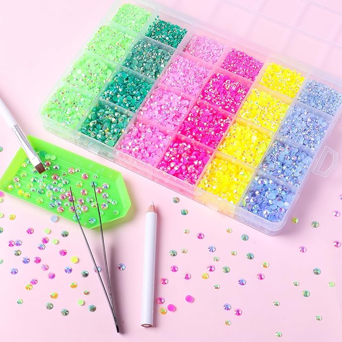 30000PCS Resin Flatback Rhinestones Kit, Jelly Resin Non-Hotfix Rhinestones for Crafts DIY Design, Tumblers, Clothes, Makeup, Nail Art 2mm, 3mm, 4mm, 5mm (Pink Green Rhinestones)