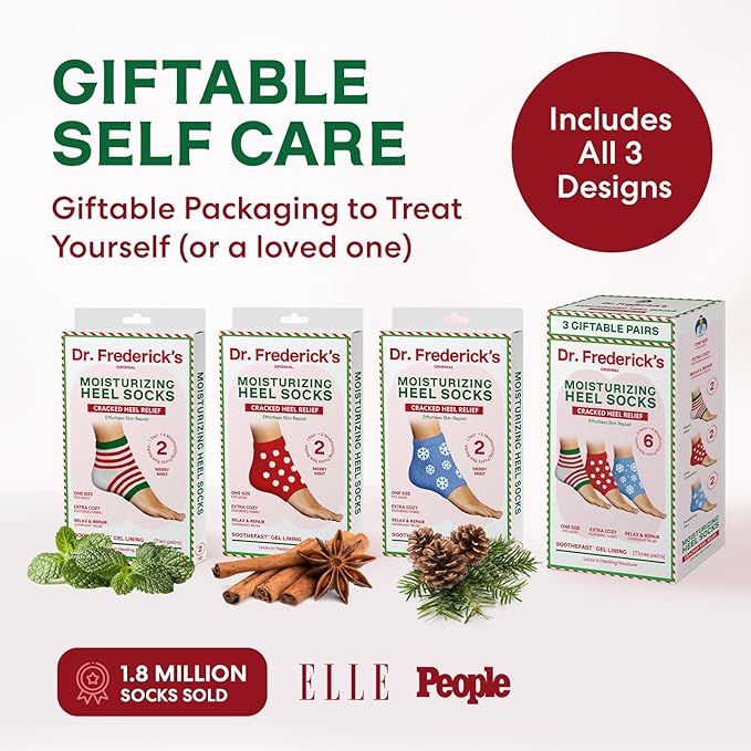 Dr. Frederick's Original Moisturizing Fuzzy Heel Socks - 3 Pairs - Cozy Gel-Lined Sleep Socks for Women & Men - Soothing Dry, Cracked Feet - Cracked Heel Repair (Holiday Special Edition)