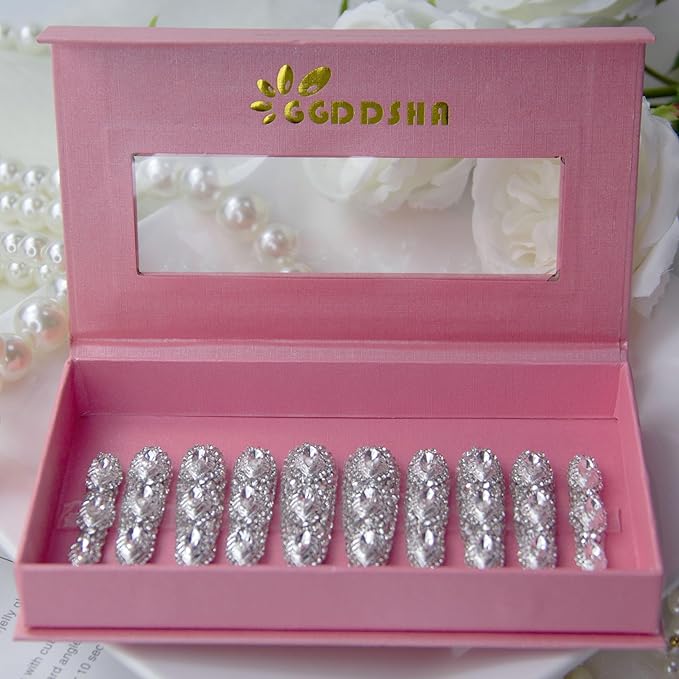 2025 New Queen of Haute Style Full Diamond Long Almond Press on Nails PMMA Acrylic Handmade Nails Full Deluxe 3D Crystal Fake Nails (High-end Almond Diamond, Long)