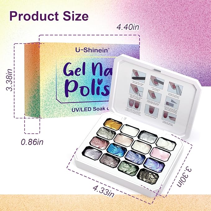 Gradient Painting Gel, 16 Gliter Colors Ombre Gel Nail Polish for Pigment Pat Silver&Gold Pink Blue Aurora color Bright Nails, French Manicure DIY Nail Art No-wipe Palette for Women