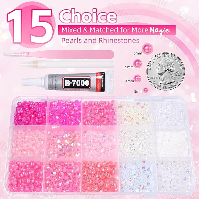 15 Grids Pearls and Resin Rhinestones for Crafting, Pink Colors White Bedazzling Gems Kit, Jelly Resin Rhinestones for Nails Face Eyes Makeup Crafts DIY Tumblers Bottles