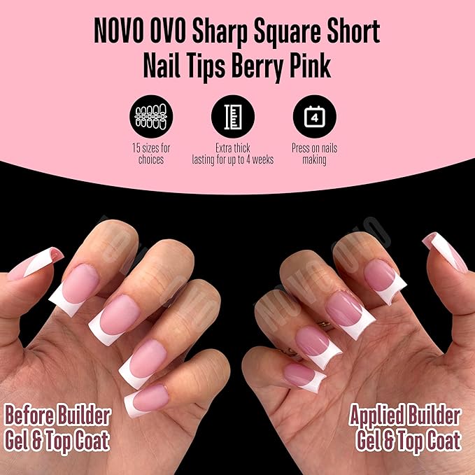 NOVO OVO Short Sharp Square White French Tip Nail Tips Press on BERRY PINK, Need Builder Gel Top Coat Nail Glue,Soft Gel Fake Nail Extension, Full Cover False Nails for Salon DIY x15 Sizes 240 pcs