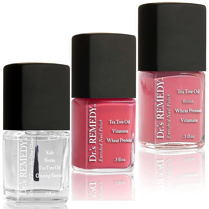 Dr’s Remedy 3 Pack Nail Polish Kit, Peaceful as the Sea Trio, Non Toxic and Organic All Natural Enriched Nail Strengthener - TOTAL Two-in-One/PEACEFUL Pink Coral/SERENE Salmon