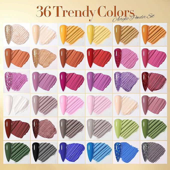 BORN PRETTY Acrylic Powder Set 36 Colors Fall Winter Acrylic Nail Powder Red Green Blue Orange Yellow Professional Polymer 3D Nail Art Kit for French Extension Carving Holidays Gift Set