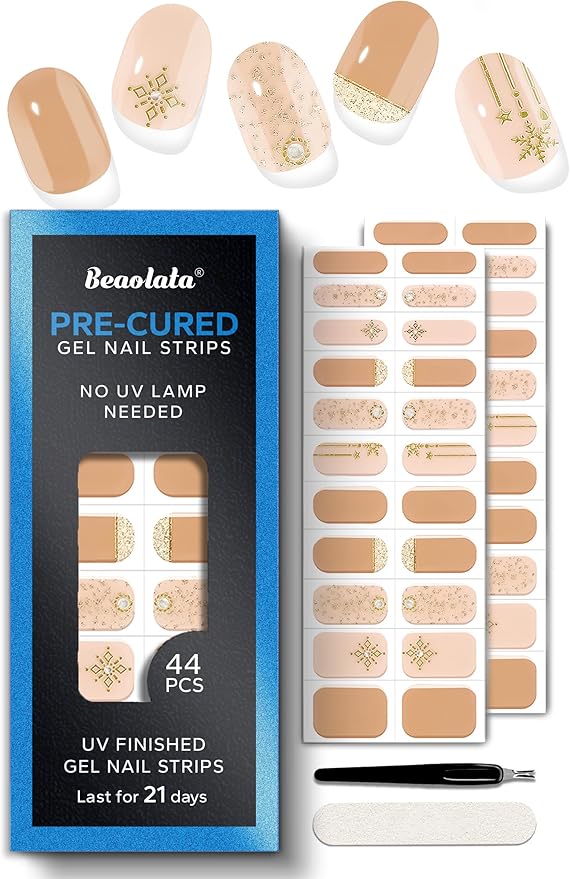 Real Gel Nail Strips (No UV Light Needed) - 44Pcs Salon Quality Nail Stickers - Long Lasting Polish Wraps for Women, Easy Apply & Remove (Cosmic Shimmer Nude)