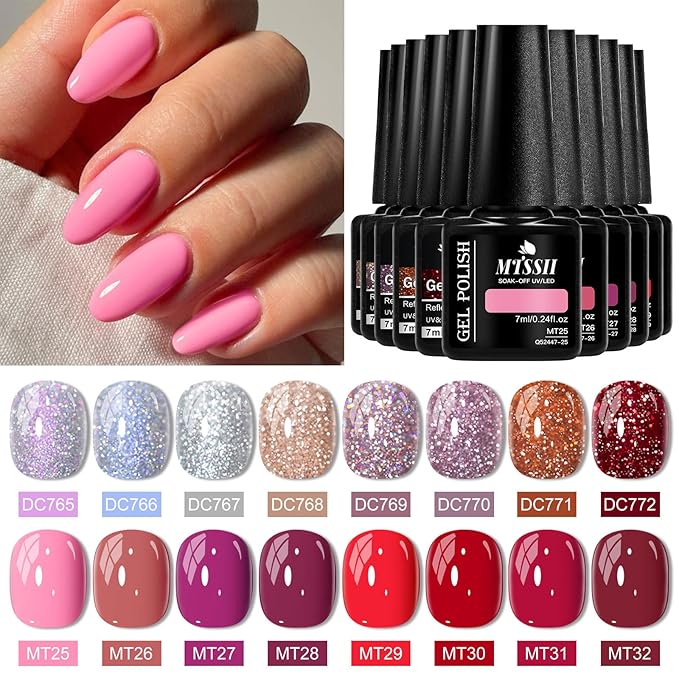 MTSSII Silver Light Purple Pink Blue Orange Red Glitter Gel Nail Polish Pink Purple and Red Series Gel Nail Polish Gel Set Gel Reflection Glitter Polish Kit for DIY Nail Art Women Gifts