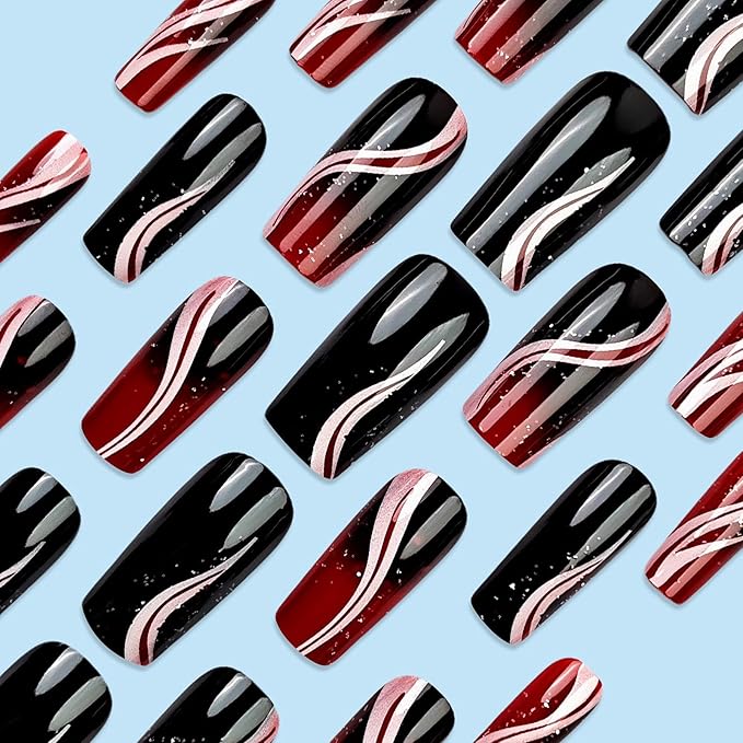 MISUD Press on Nails - Long Square Fake Nails with Goth Red Black, Acrylic Gothic Vampire Design 24 pcs
