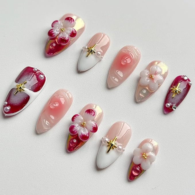 Luxury Press on Nails Medium Almond Handmade 3D Unique Reusable ABS Material Fake Nails Chrome French Tip False Nails with Designs Pink Flower Pearls Glossy Glue on Nail Thick Acrylic Nail(M)