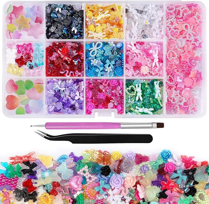 3D Nail Charms Set 9 Colors Flower Butterfly Bow Rabbit Nail Gems Big Bear and Heart Nail Jewels Pearls for Nail Art, Craft and Decoration with Tweezer and Brush