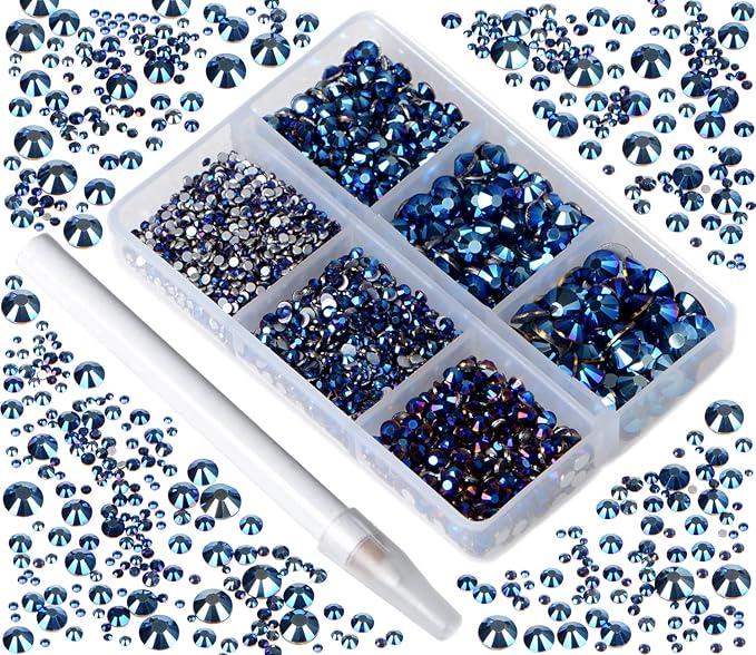 Bymitel 5000 Pieces 6 Mixed Sizes Glue Fix on Glass Rhinestones Round Crystal Gems Flatback for DIY Jewelry Making with one Picking Pen (6-Sizes 5000PCS, Mine Blue)