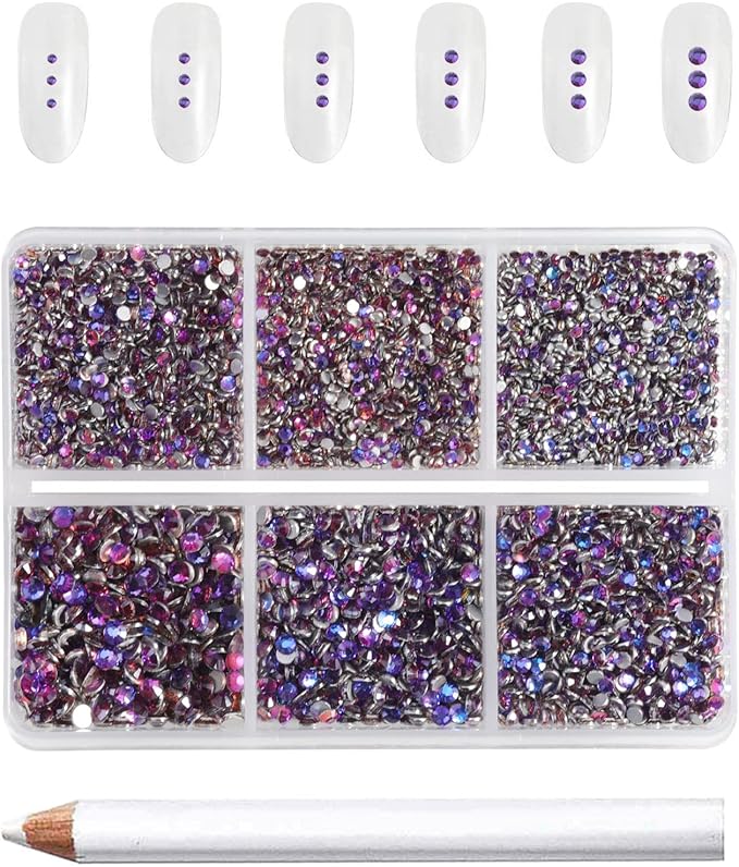 Beadsland 7200pcs Flatback Rhinestones,Purple Rhinestone Nail Gems Round Crystal Rhinestones for Crafts,Mixed 6 Sizes with Wax Pencil Kit, SS3-SS10, Purple Velvet
