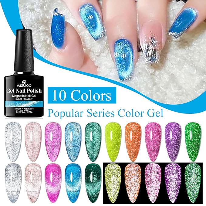 12Pcs Glitter Cat Eye Gel Nail Polish, Magnetic Cat Eye Gel Polish Set with Magnet + Reflective Glitter Gel Polish Set Christmas Manicure Kit 10 Colors