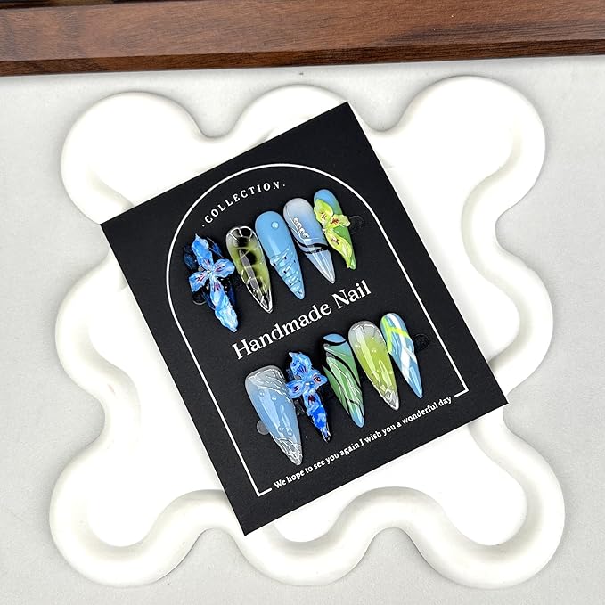 Waterdrop Press On Nails Handmade Long Stiletto Fake Nails with Blue Flower Design Ombre Green Silver False Nails Press ons Reusable Full Cover Summer Handmade Nails for Women Size M