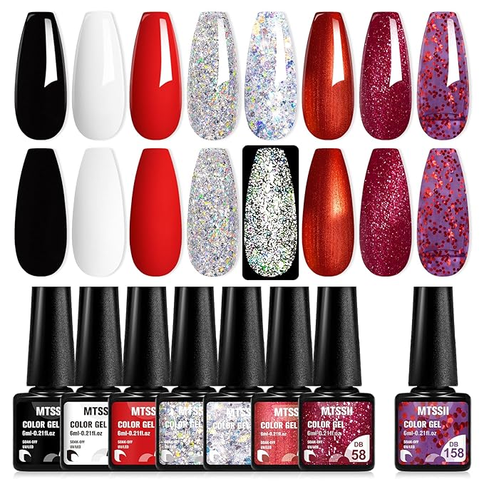 MTSSII White Red Gel Nail Polish Set, 8 Colors Black Bloody Red Shimmer Red Silver Soak Off Gel Polish Kit for Salon and Nail Art DIY at Home
